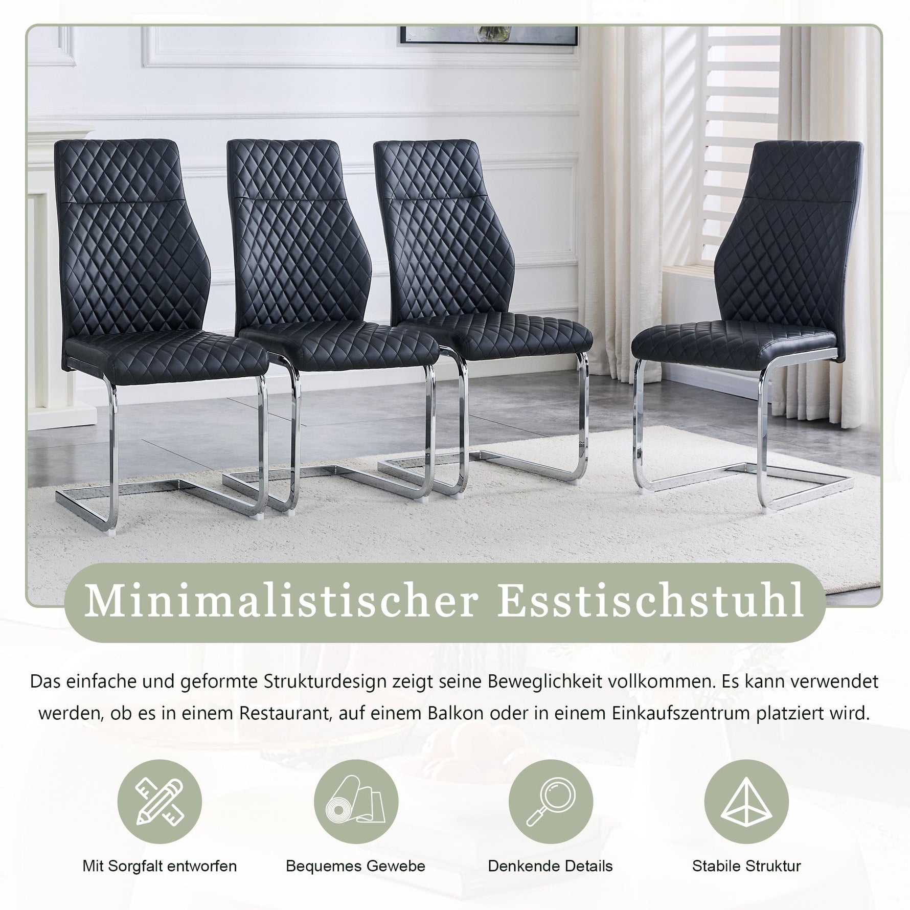 Dining Chair Set of 2, High Backrest and Padded Seat with Metal Frame, Black Diamond Pattern