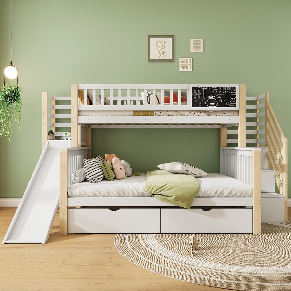 House Bunk Bed, Multifunctional Storage Slide Chalkboard 140x200cm & 90x200cm, White