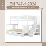 Bunk Bed 90x200/140x200cm with Stairs & Storage, Pine White