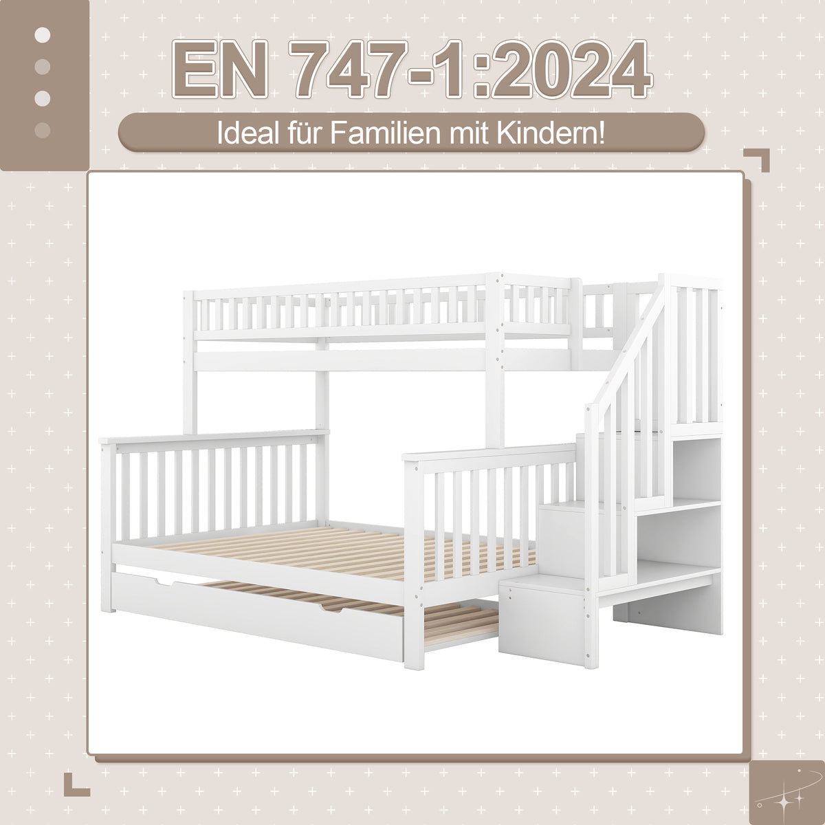 Bunk Bed 90x200/140x200cm with Stairs & Storage, Pine White