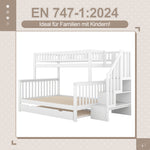 Bunk Bed with Rolling Container, Slatted Base and Storage Stairs, White Pine Wood