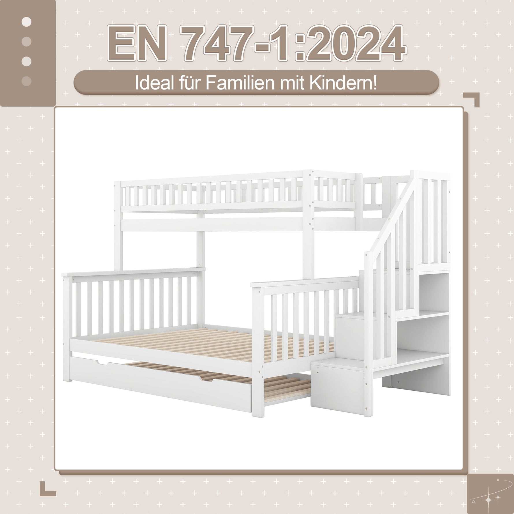 Bunk Bed with Rolling Container, Slatted Base and Storage Stairs, White Pine Wood