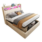 Upholstered Bed 140x200cm with Storage & LED, Beige Linen