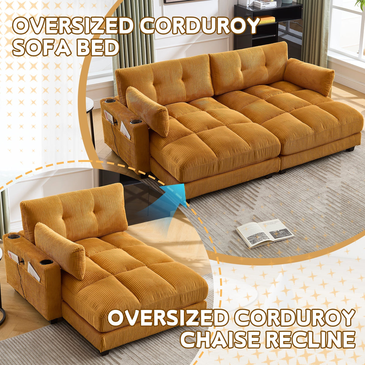 Palm Chair with Fluffy Cushions, Headrest, 3-Cup Holder & Side Pocket, Mustard