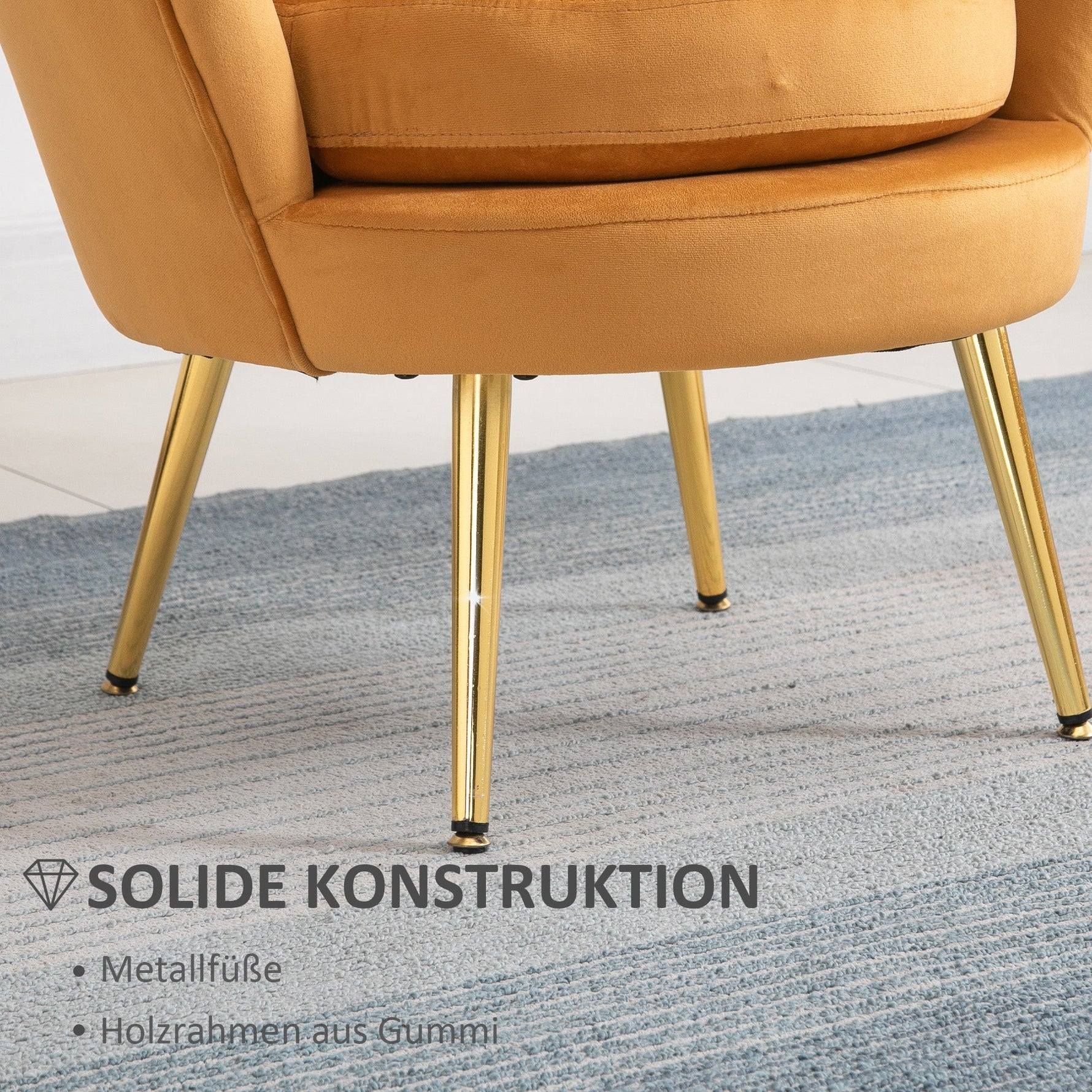Armchair Upholstered, Shell Shape Relaxing, Metal Legs, Velvet, Yellow