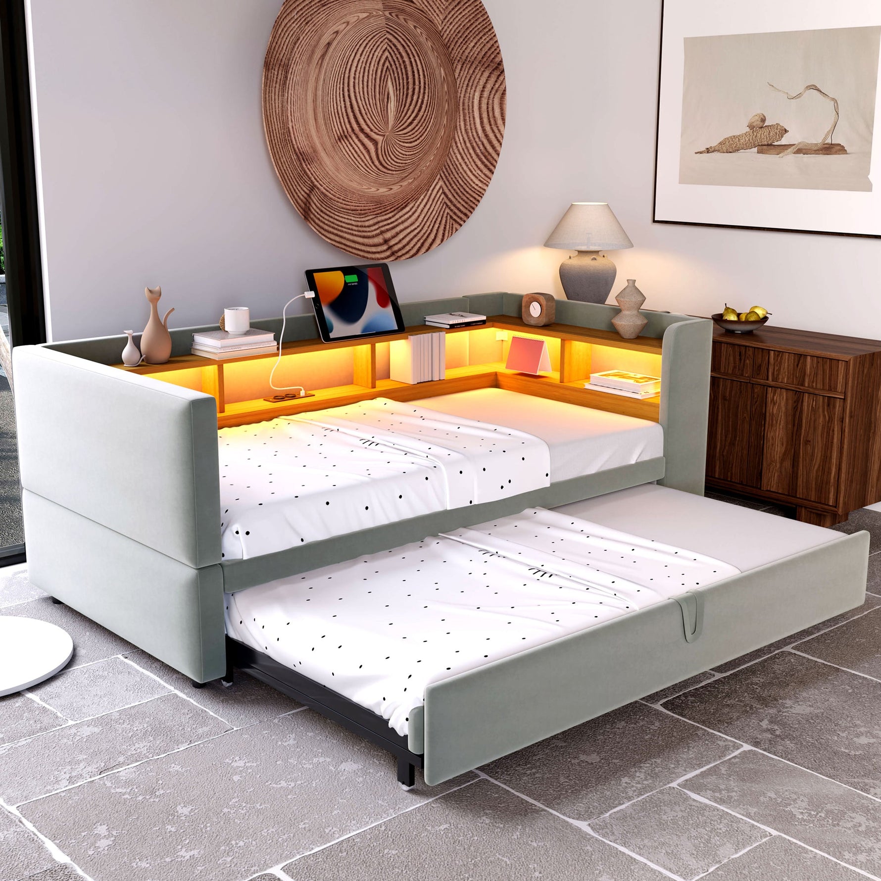 N623P252542G Sofa Bed with Storage, LED Lighting & Power Outlet, Upholstered