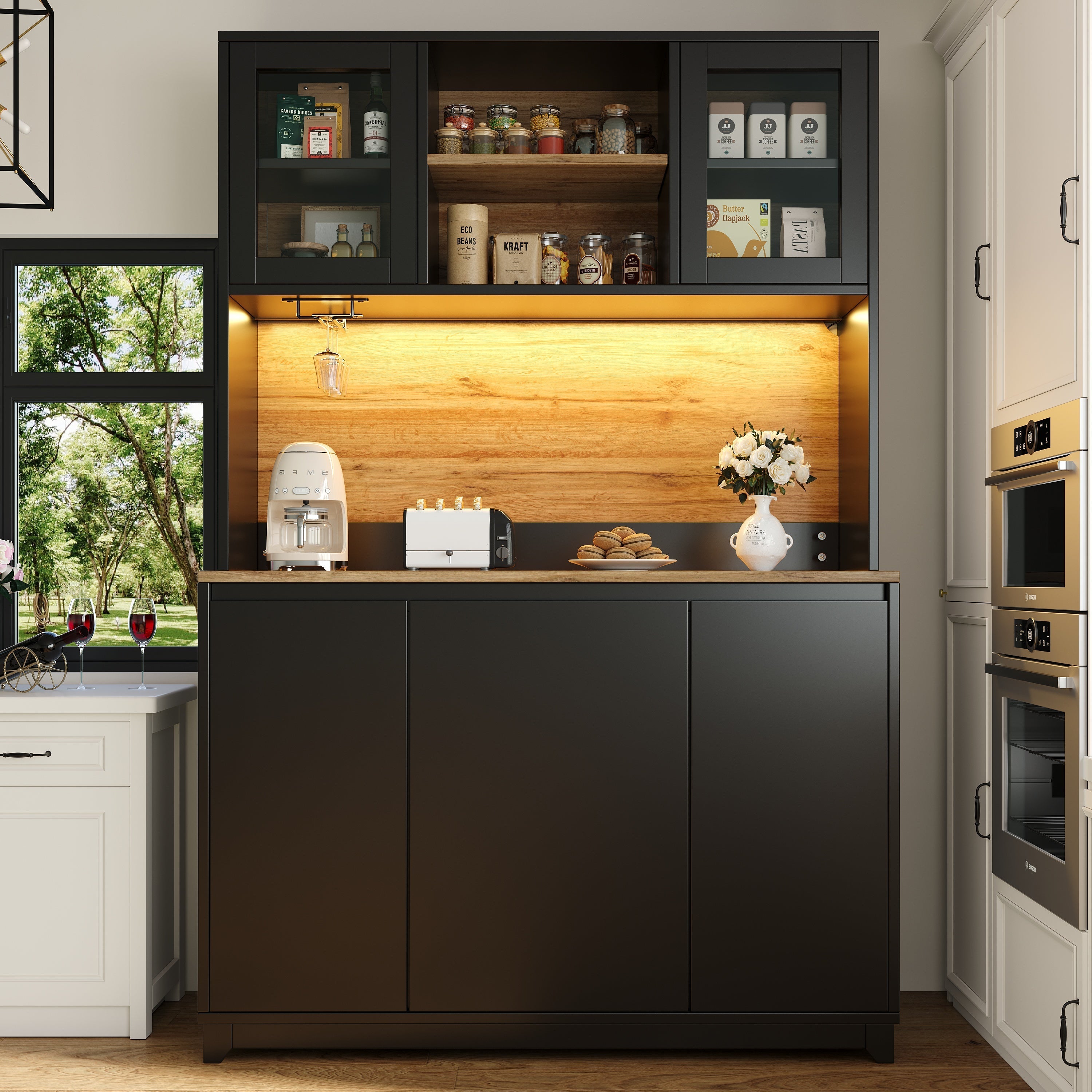 Tall Kitchen Sideboards with LED Lighting and Acrylic Doors, Black