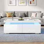 Coffee Table LED High-Gloss with 2 Drawers Geometric Design White