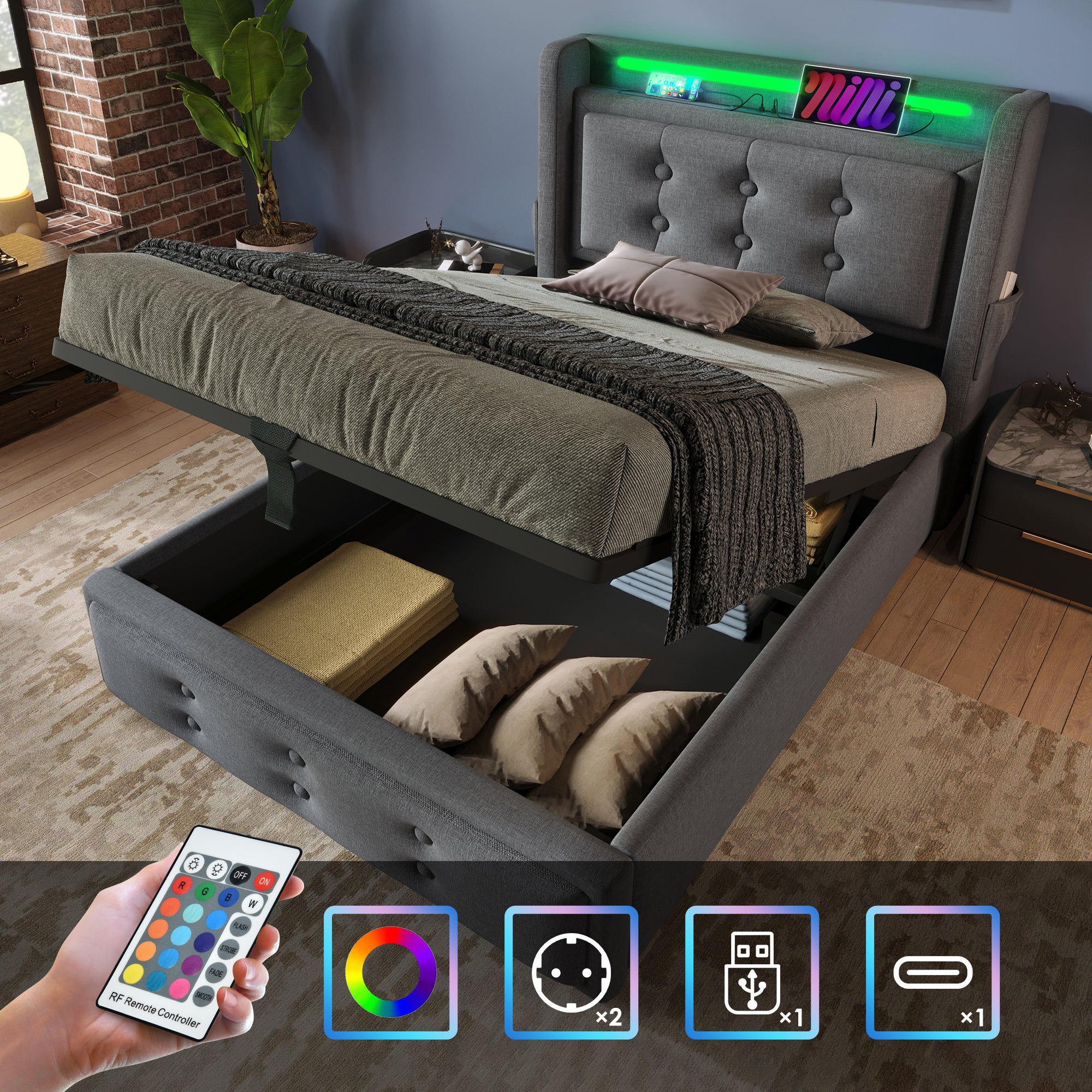 Upholstered Bed, 90x200 Single with LED Headboard, USB-C, Hydraulic Frame, Gray Cotton