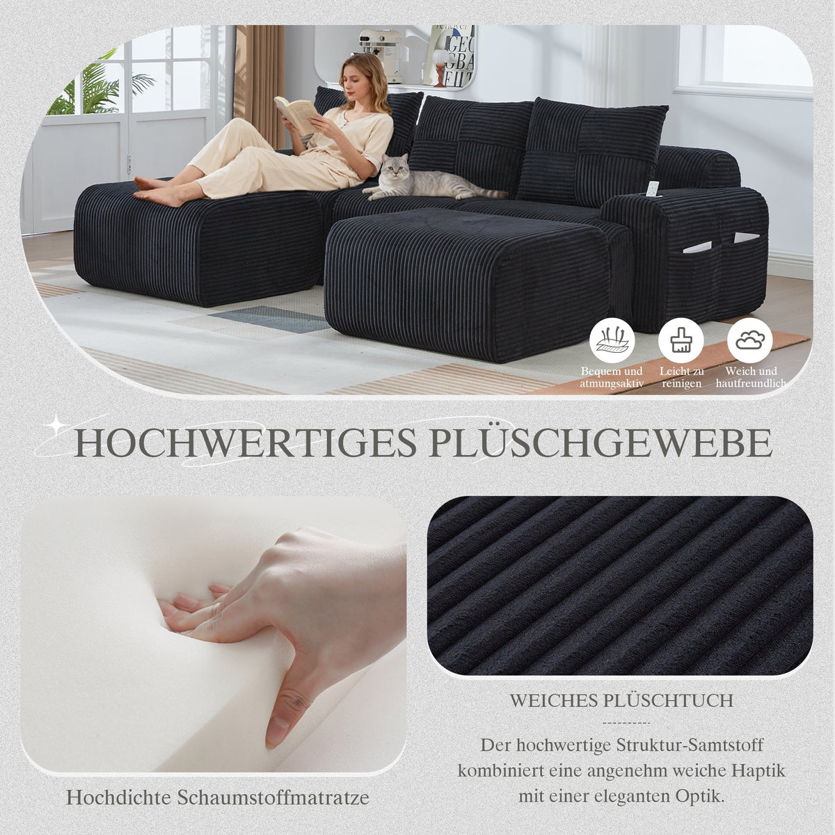 Modular Sofa - 3-Seater with 2 Ottomans, Modular, Cup Holders, Storage - Black Corduroy