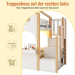 House Bunk Bed 90x200cm with LED & Storage Stairs, White+Natural