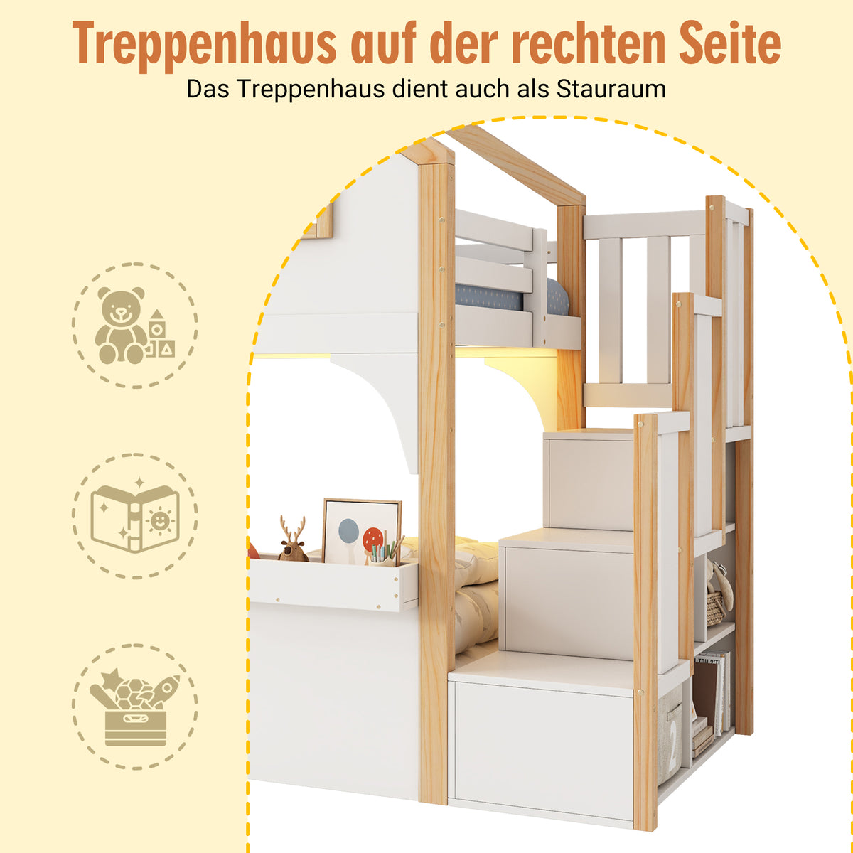 House Bunk Bed 90x200cm with LED & Storage Stairs, White+Natural