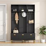 Wardrobe Set with Bench, Multifunctional Storage, Open Storage, 6 Golden Hooks, Black