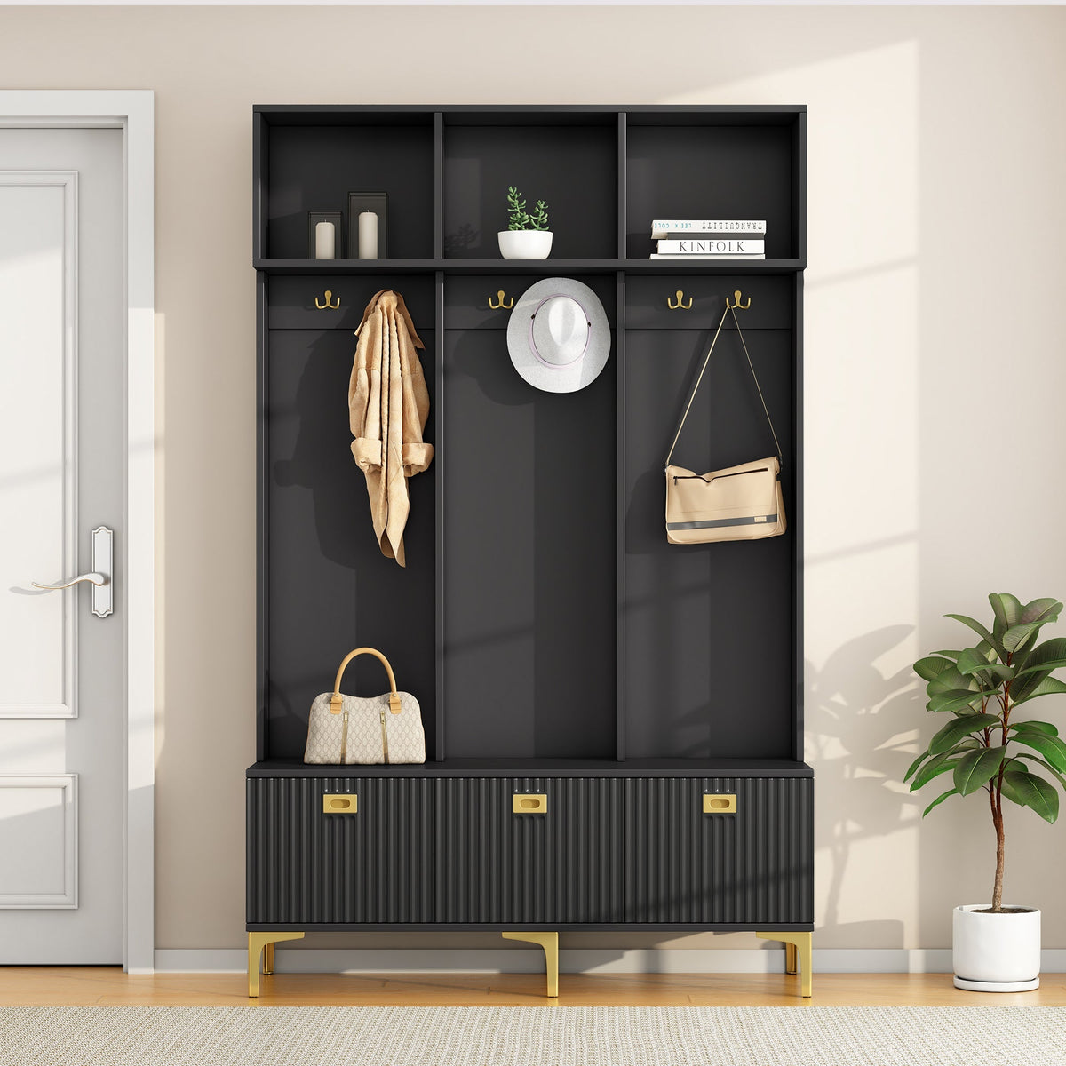 Wardrobe Set with Bench, Multifunctional Storage, Open Storage, 6 Golden Hooks, Black