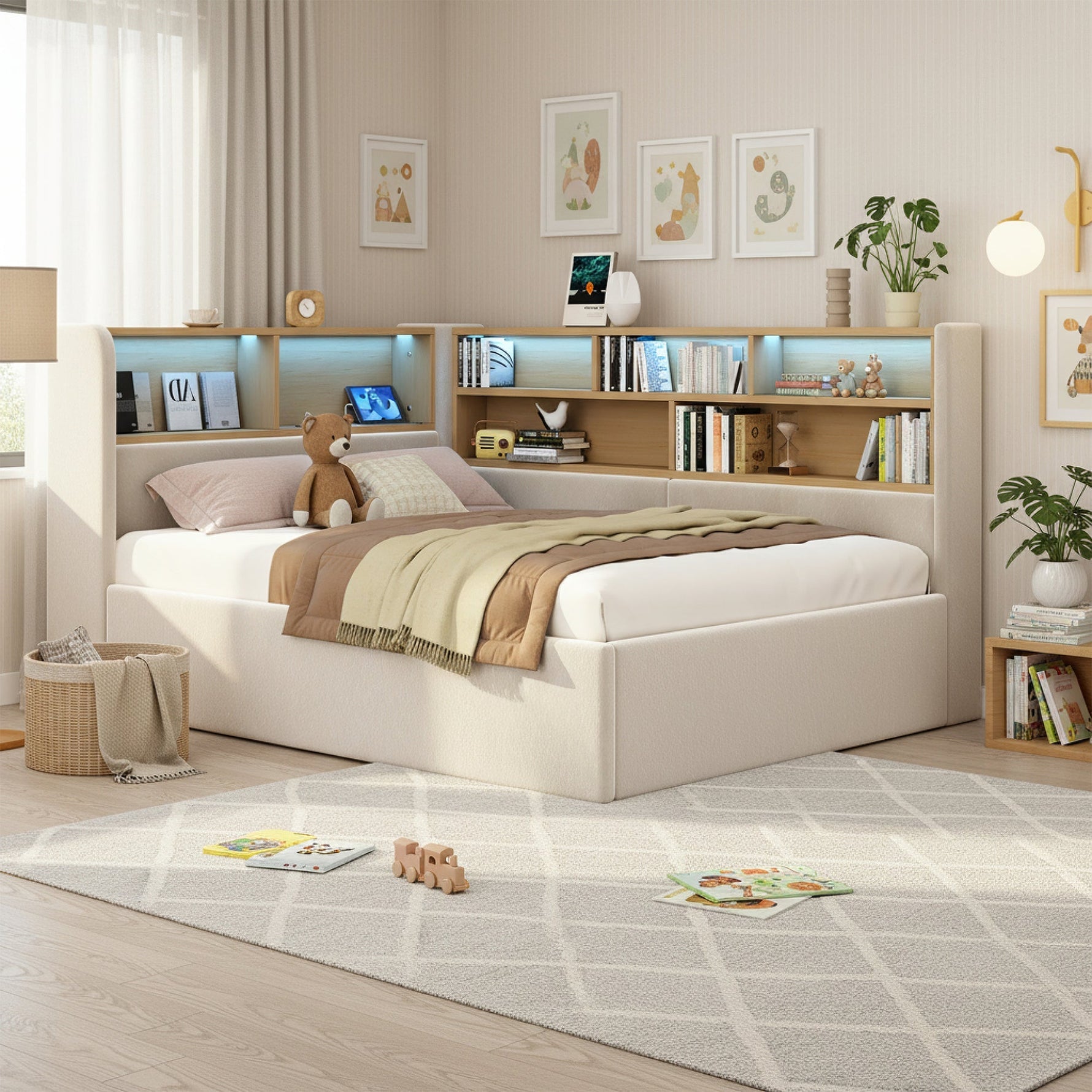 Daybed Upholstered Sofa Bed 90x200cm Hydraulic Storage LED USB Beige Velvet