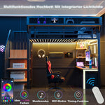 Metal Loft Bed with Desk, Shelf, LED Lighting and Socket, 90x200cm, Black Metal