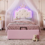 Upholstered Bed 90x200cm Princess Hydraulic Storage Ambient LED Lighting Pink PU