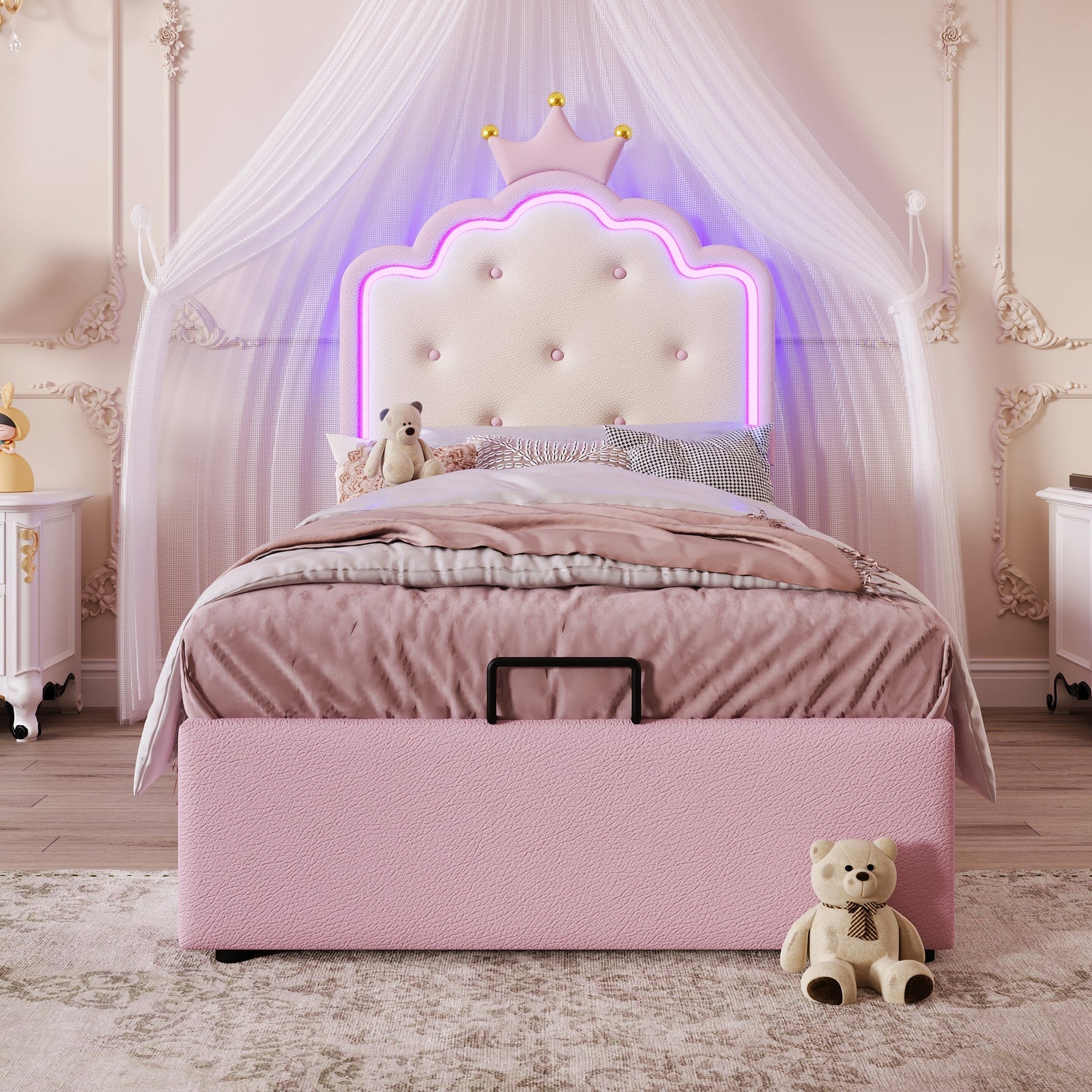 Upholstered Bed 90x200cm Princess Hydraulic Storage Ambient LED Lighting Pink PU