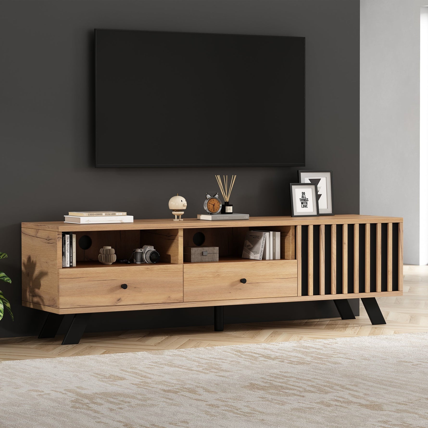 TV Cabinet 150cm with 2 Drawers, Lowboard for 60-inch TV, Wood Color
