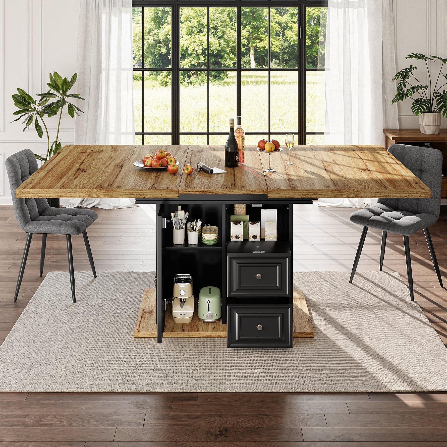 Extendable Dining Table with LED Lighting, 110-140cm, Seats 6, Wood Finish
