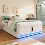 Upholstered Bed 90x200cm Hydraulic Storage LED USB/Type-C Pockets - Beige