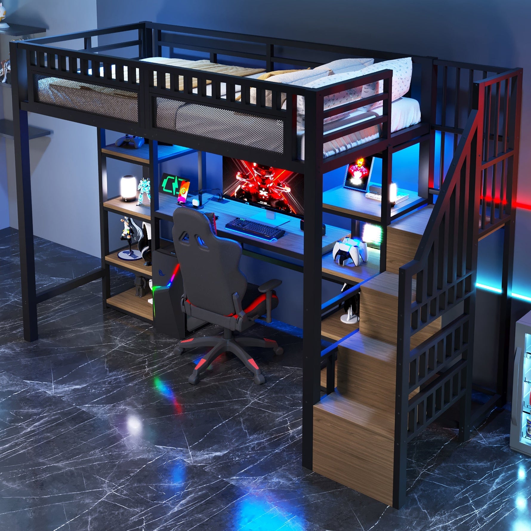 Loft Bed with Desk, LED Lights, USB Port and Storage Ladder, Black Iron Frame