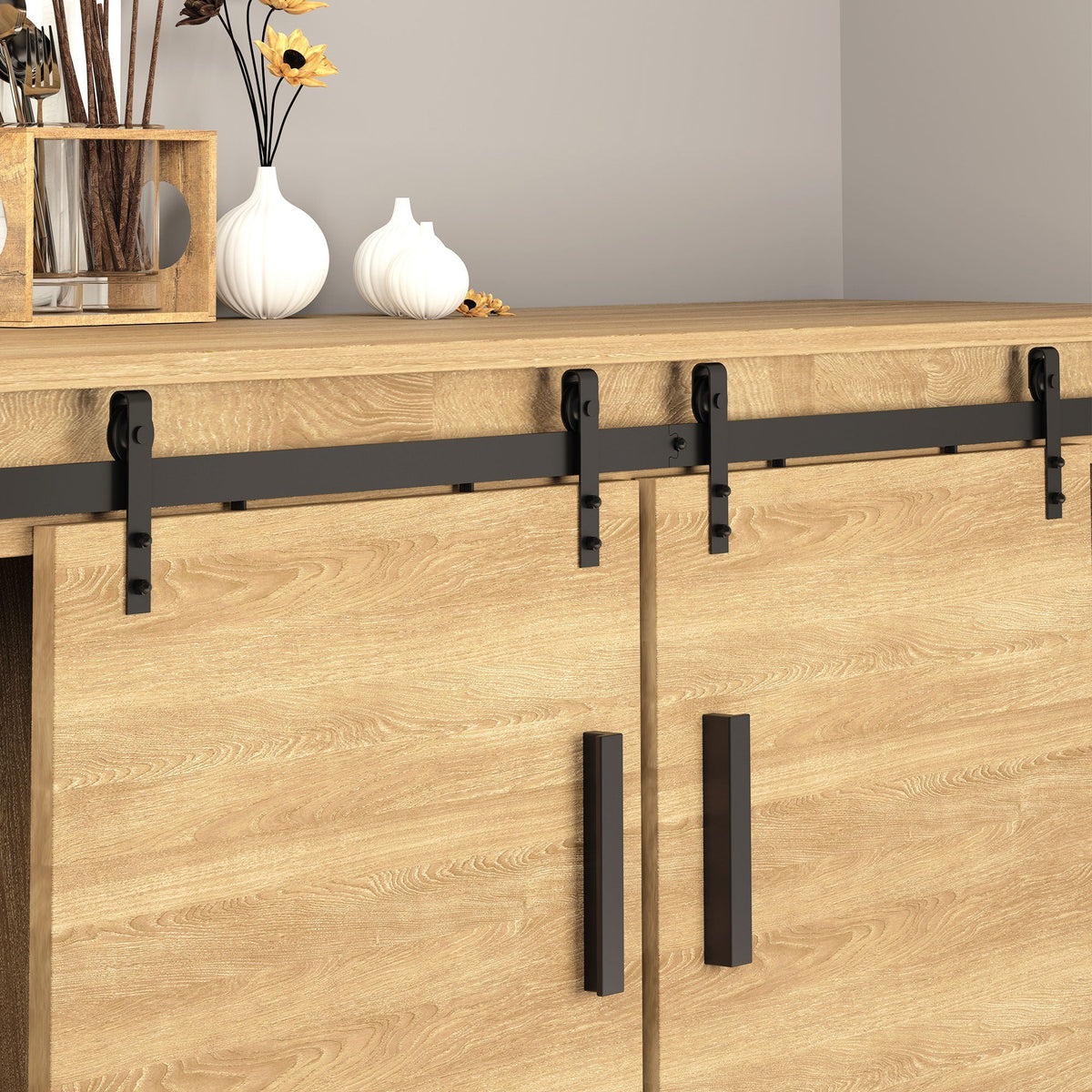 Sliding Door Hardware, Double Doors Track Accessories, Carbon Steel Black