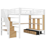 Metal Loft Bed 140x200 with Desk, Shelves & Storage - White