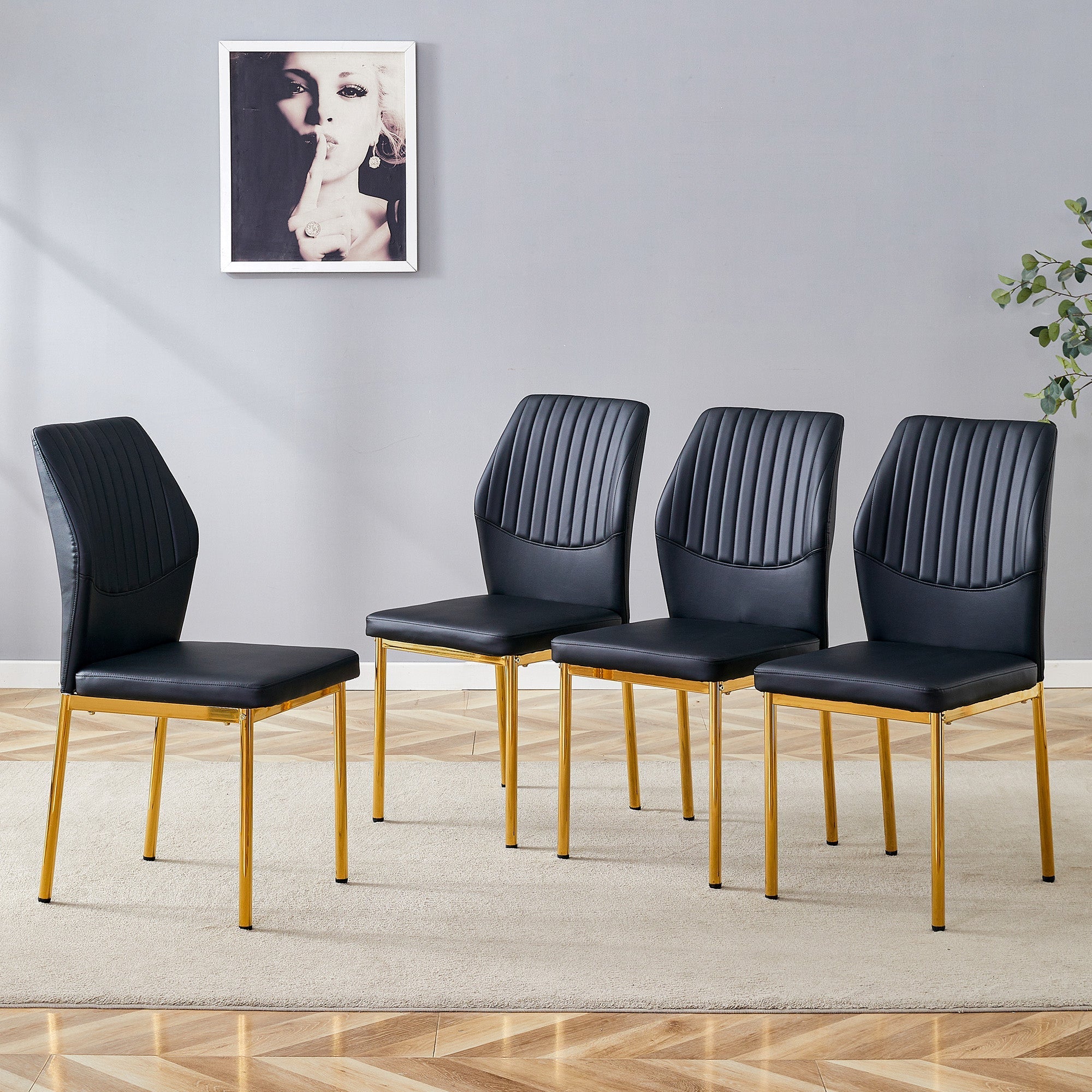 Chic Dining Chairs, Set of 4 with Vertical Embossing and Metal Legs, Black and Gold