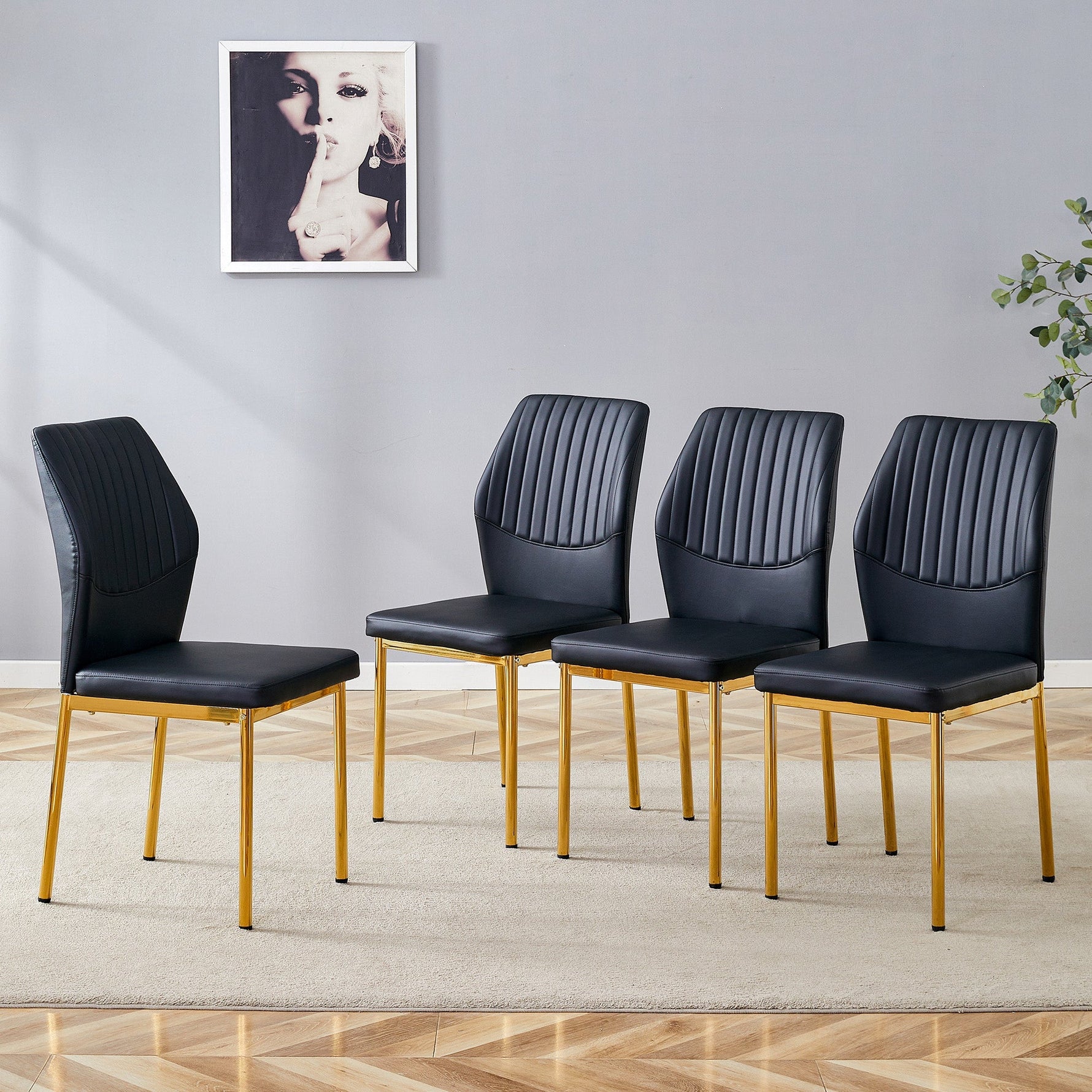 Chic Dining Chairs, Set of 4 with Vertical Embossing and Metal Legs, Black and Gold