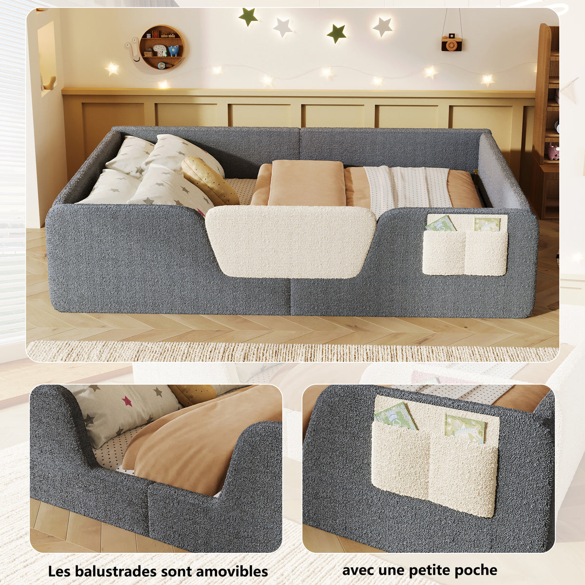 Upholstered Bed 140x190cm with Safety Rails, Grey Velvet