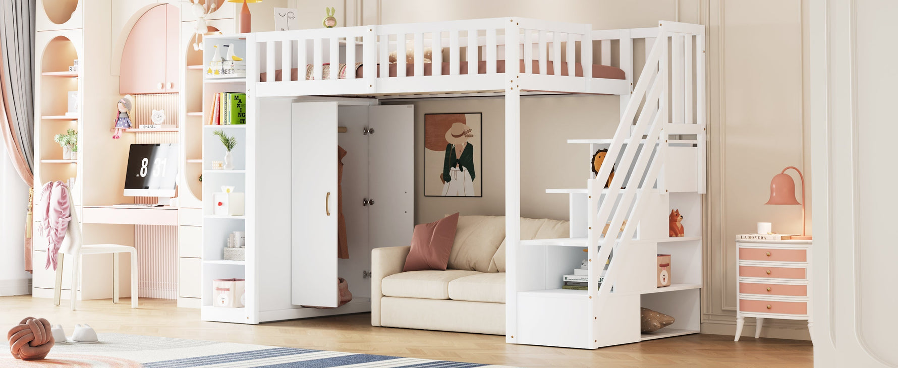 Loft Bed 90x200cm with Wardrobe Storage Cabinet Shelves & Ladder - White