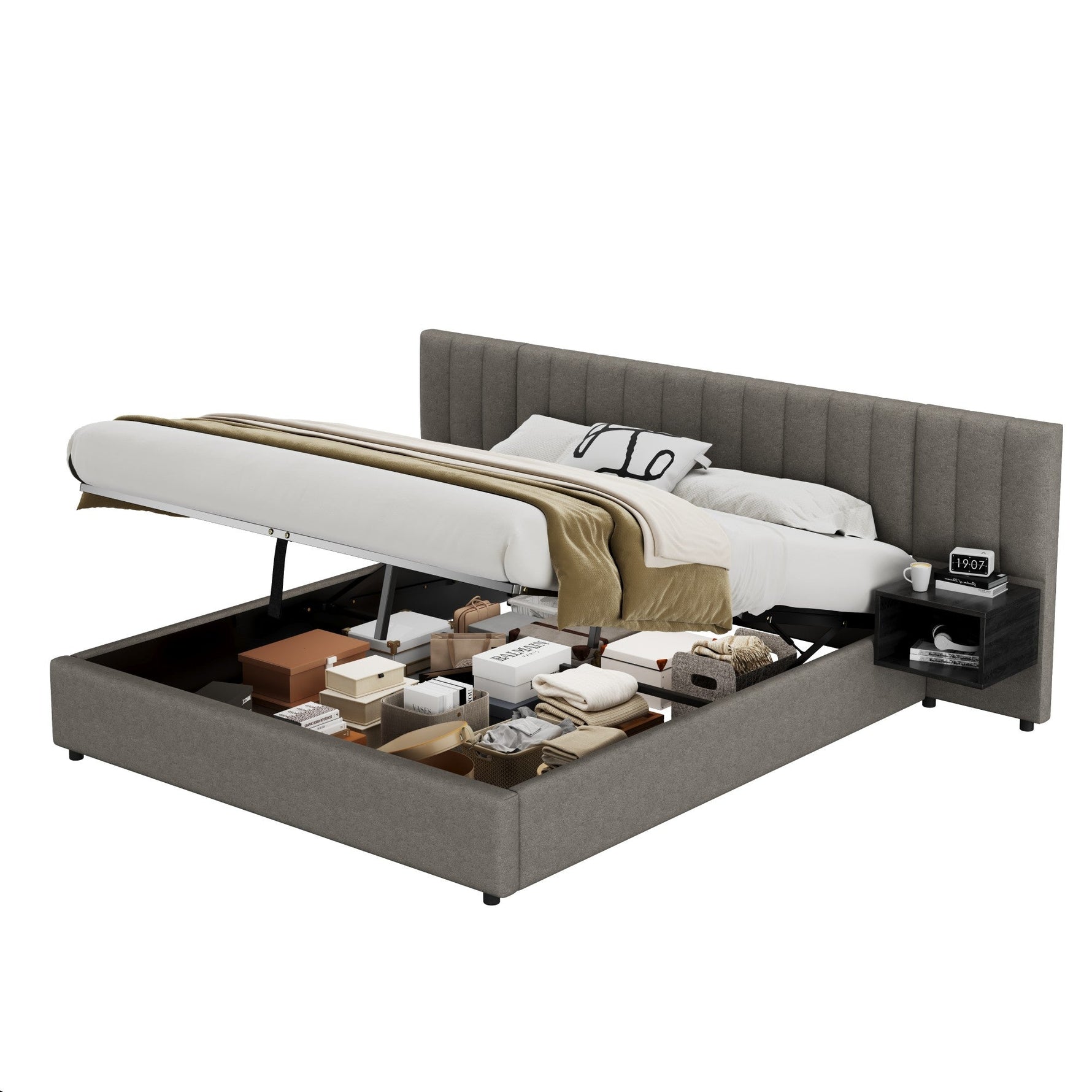 Upholstered Bed 180x200cm Hydraulic Storage 2 Bedside Tables - Linen Grey/Black