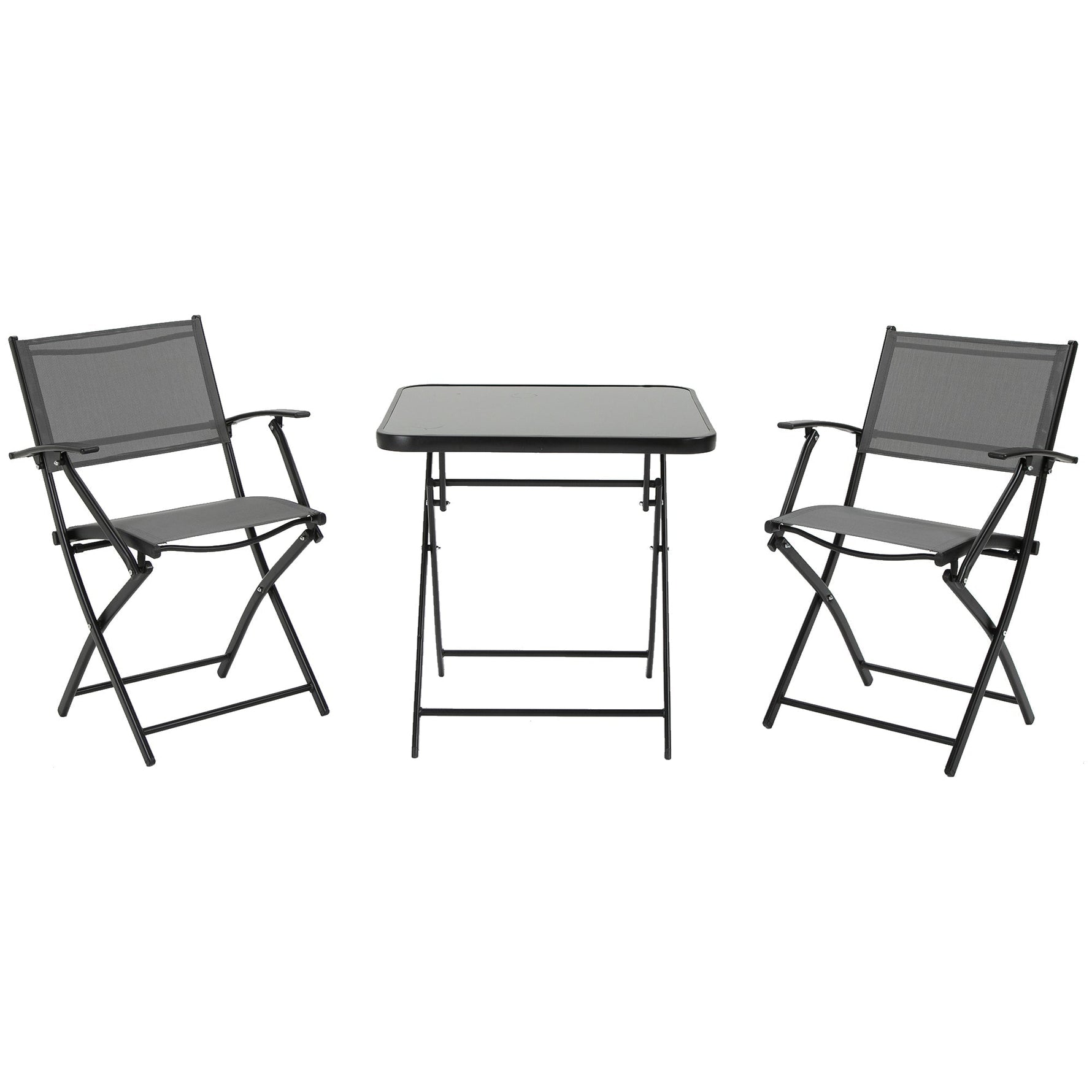 Folding Balcony Set, 2-Person Table & Chairs, Metal Mesh, Black & Grey