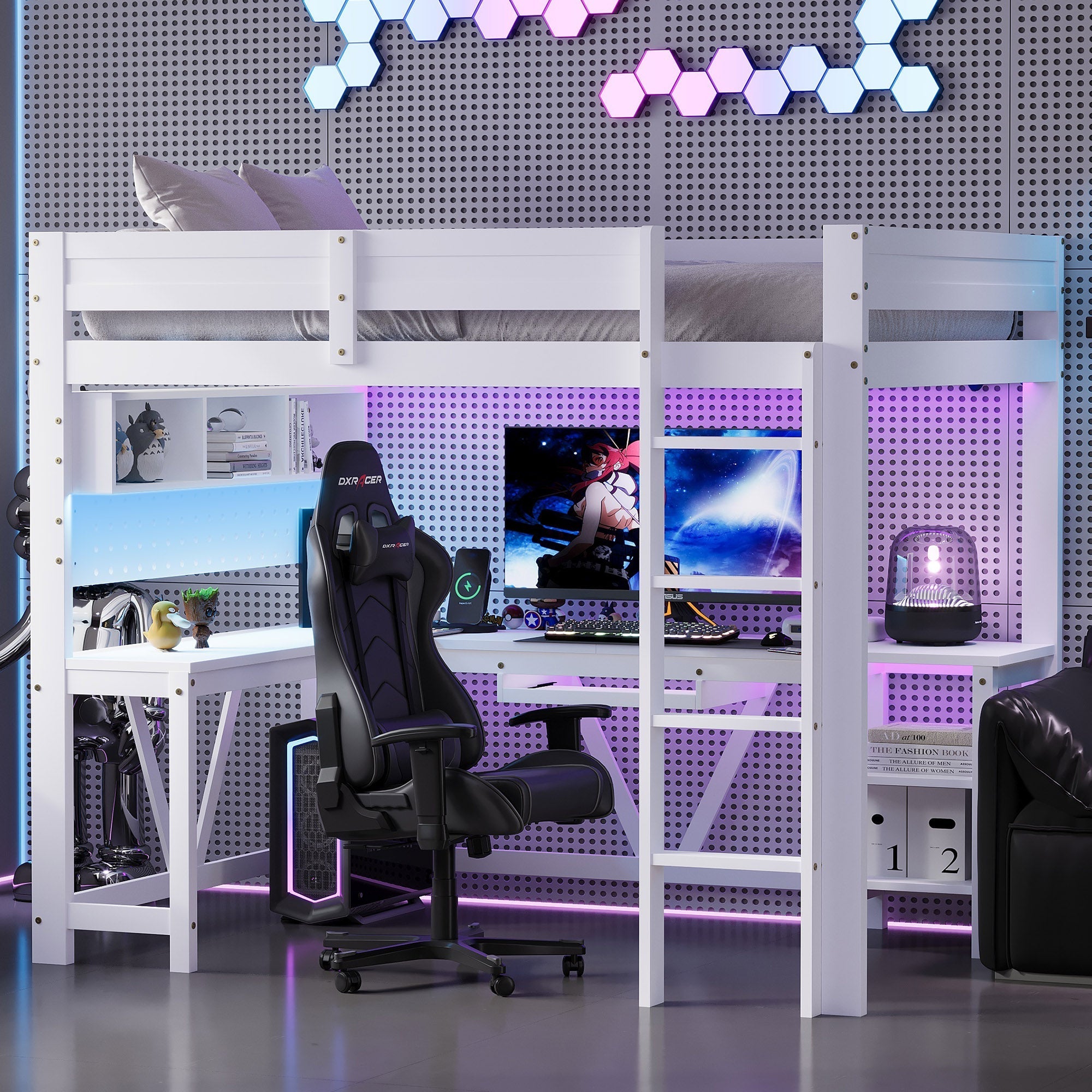 Gaming Loft Bed with Desk, LED Lighting and Charging Station, White Wood