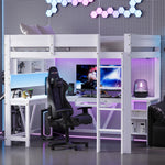 Gaming Loft Bed with Desk, LED Lighting and Charging Station, White Wood