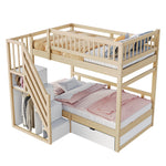 Bunk Bed, Solid Wood 90x200cm with Safety Rail, Slatted Frame, Storage Ladder & Drawers, Wood Color