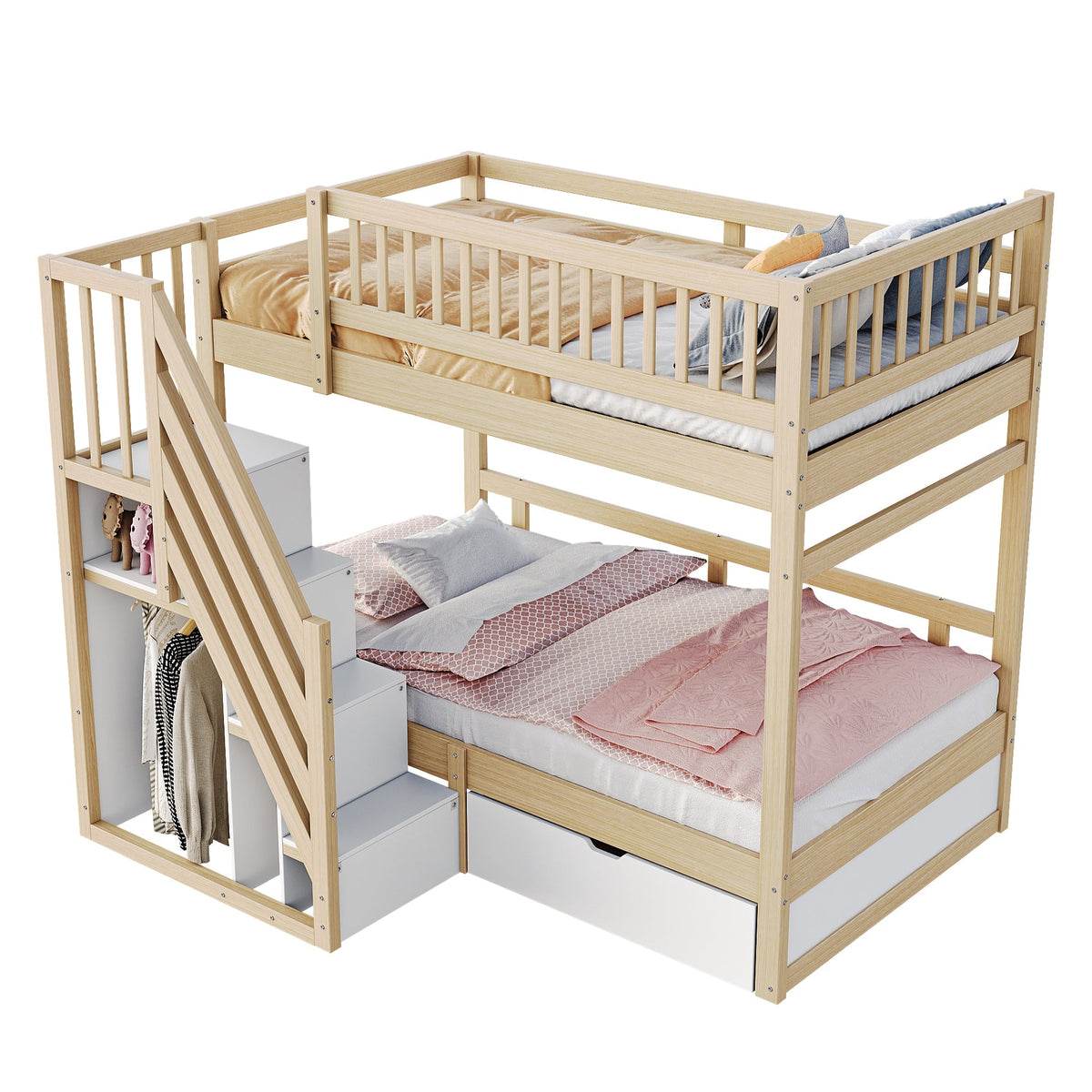 Bunk Bed, Solid Wood 90x200cm with Safety Rail, Slatted Frame, Storage Ladder & Drawers, Wood Color