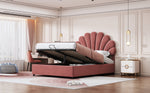Upholstered Bed, 140x200cm, Floral Headboard, Hydraulic Storage, Pink Velvet