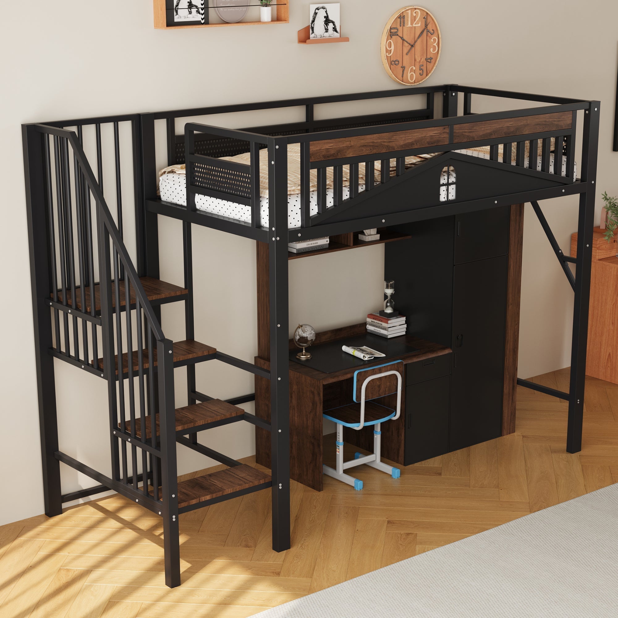 Metal Loft Bed 90x200cm Safety Railing Ladder Under-Bed Space, Black