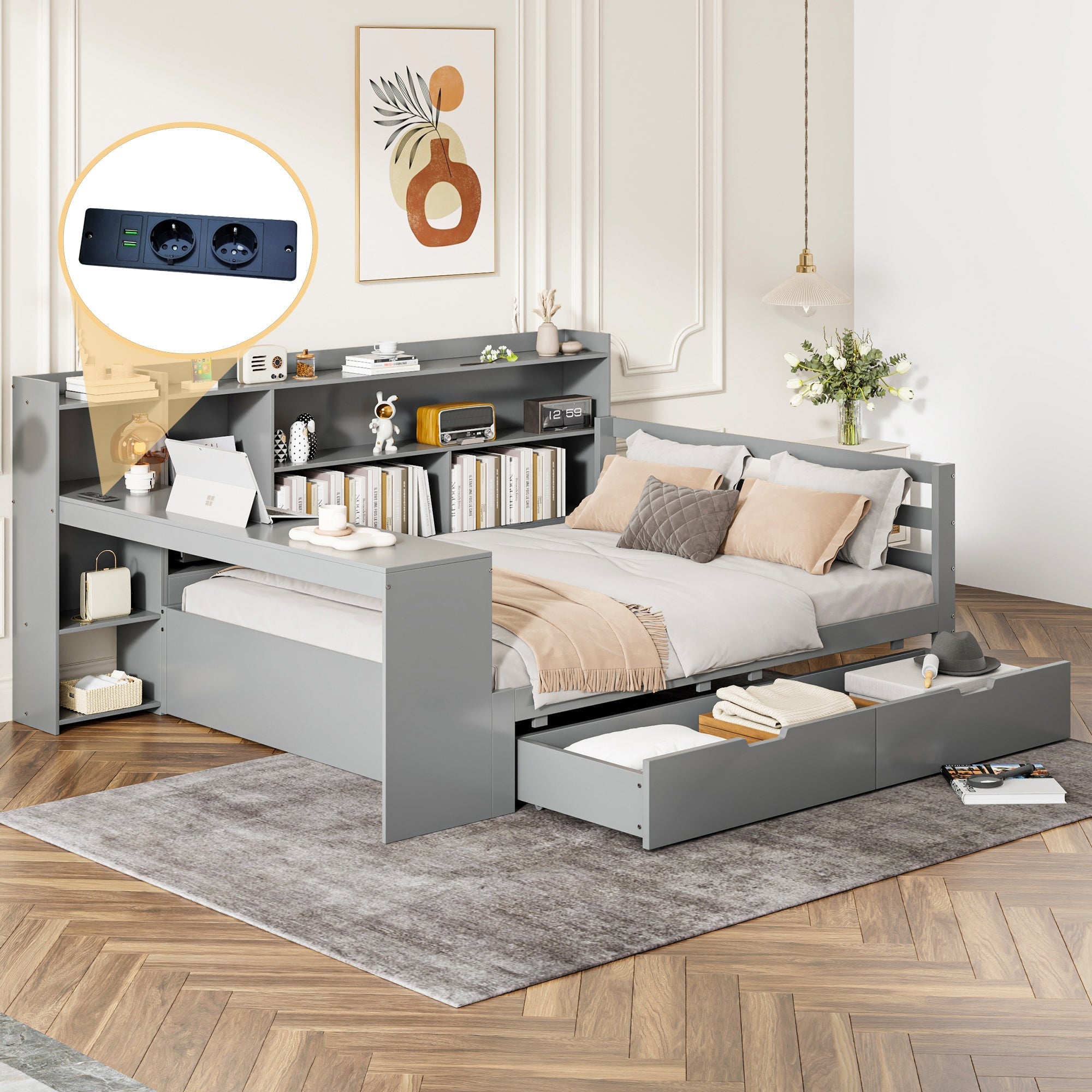 Sofa Bed, Multifunctional 140x200cm with Desk Storage & Power Outlet, Solid Wood Grey