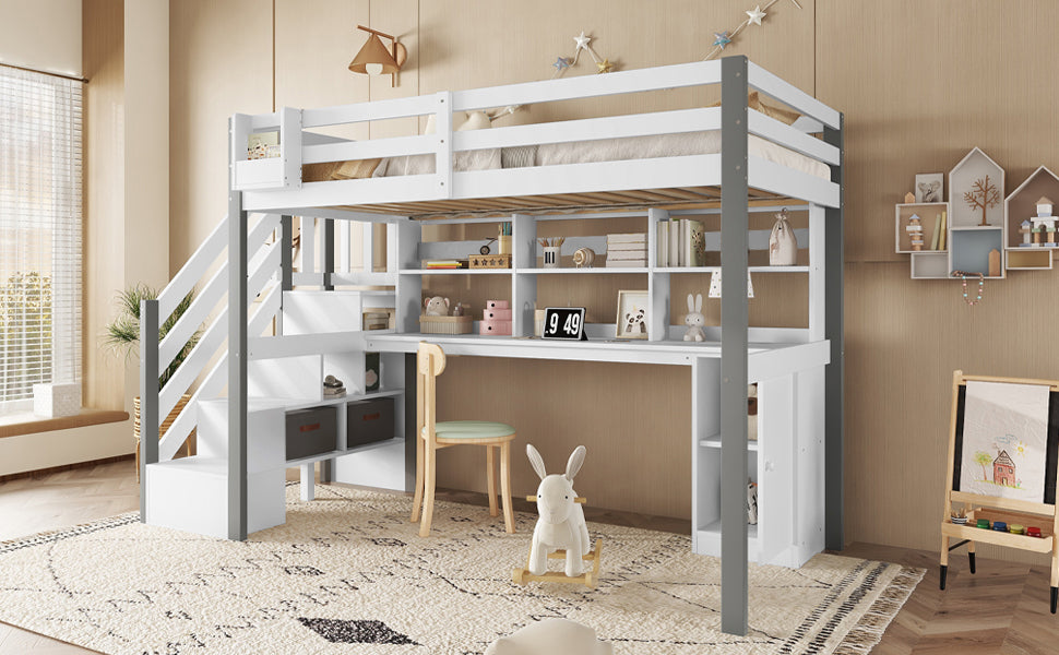 Mid-Height Bed 90x200cm with Desk, Storage & Ladder, White & Grey