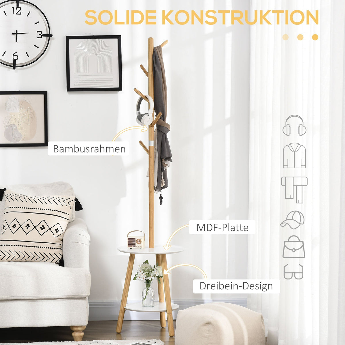 Coat Rack, 5 Hooks, Side Table, 171cm, Natural White