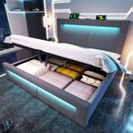 Double Bed with Hydraulic Storage, LED Lighting and USB Charging Ports, Gray Velvet