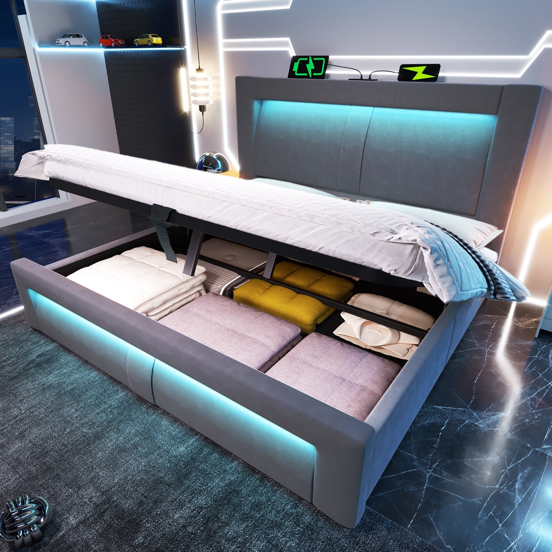 Double Bed with Hydraulic Storage, LED Lighting and USB Charging, Grey Velvet