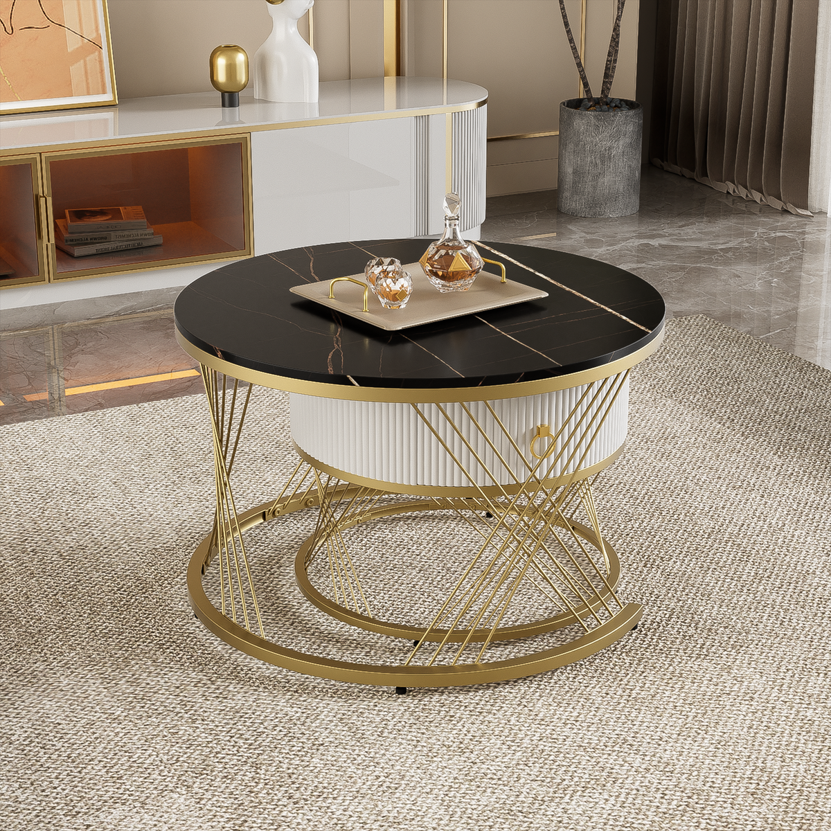 Modular Coffee Table Set of 2, Drawers Marble Look, Gold Decor