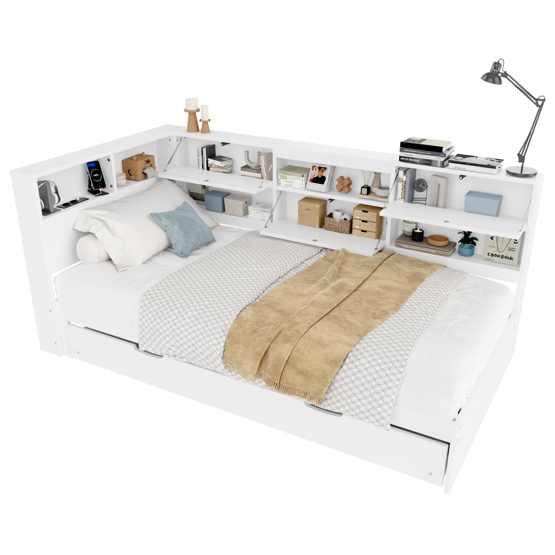 Daybed Sofa Bed with 90x200cm Storage Headboard and Extendable Bed, White