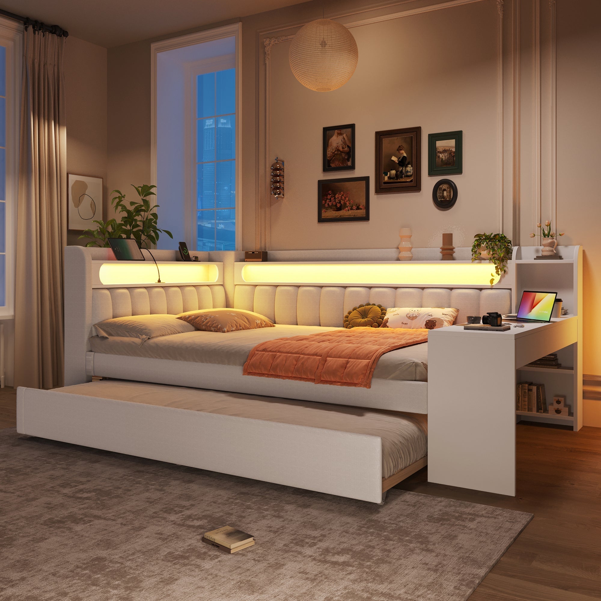 Upholstered Daybed 140x200 with USB, LED, Pull-Out Bed and Desk, White