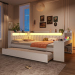 Upholstered Daybed 140x200 with USB, LED, Pull-Out Bed and Desk, White