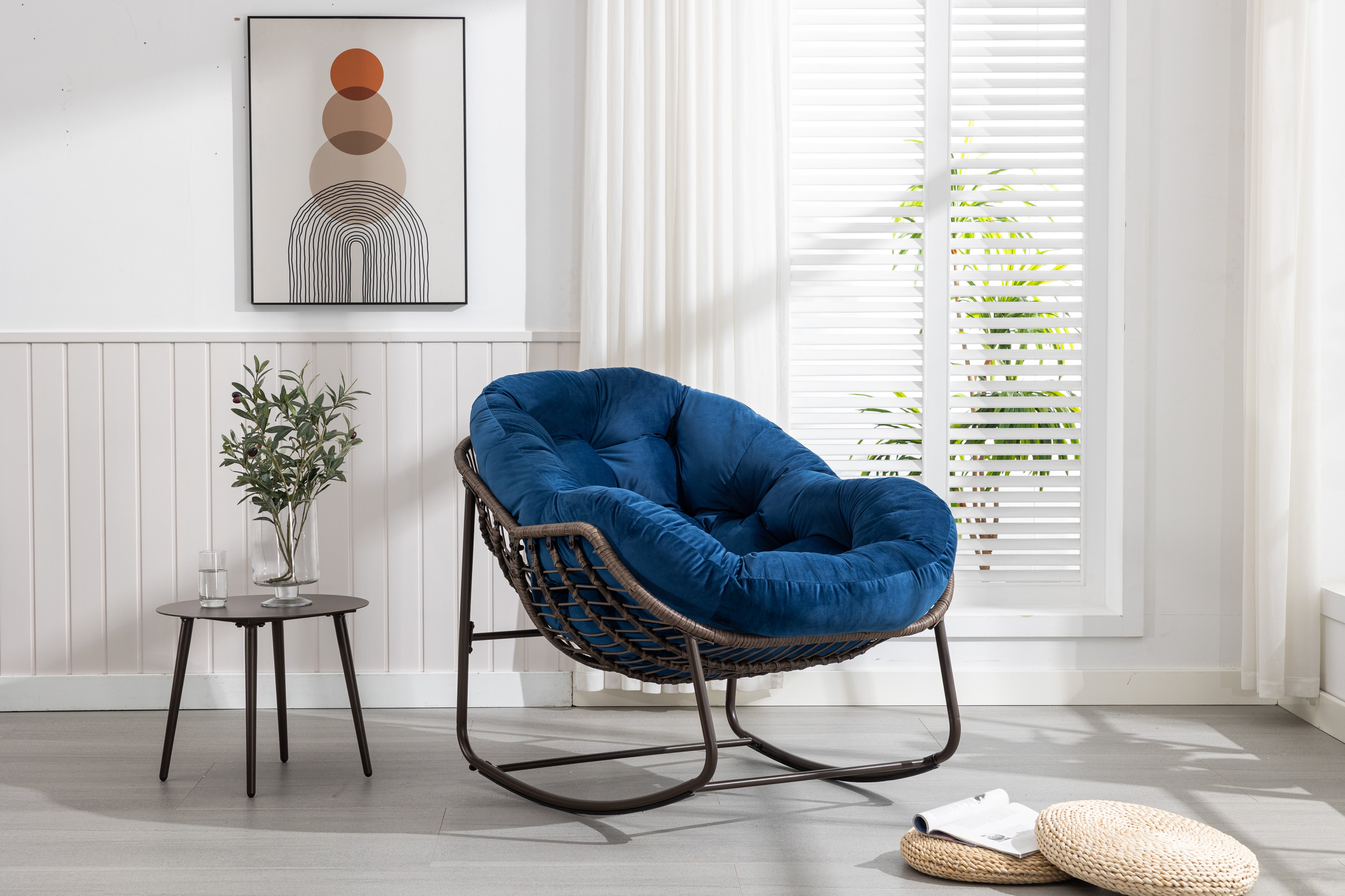 Outdoor Rattan Rocking Chair Padded Cushion Recliner Navy Blue